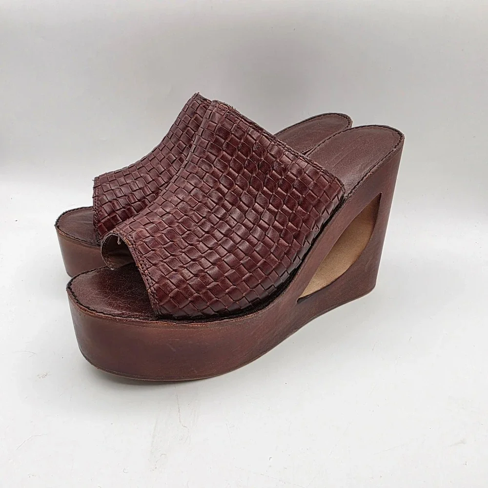 Jeffrey Campbell Comeback Woven Leather Platform Wedge Mules Cognac Brown 10M